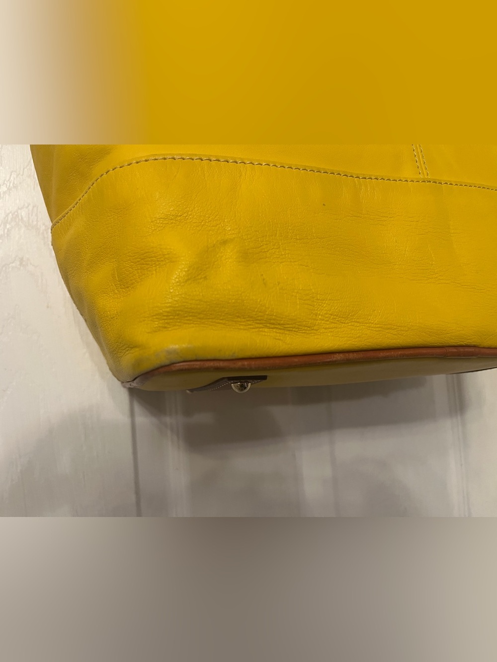 Dooney & Bourke Bright Yellow Leather Tote with Brown Straps and Dust Bag - Picture 15 of 16